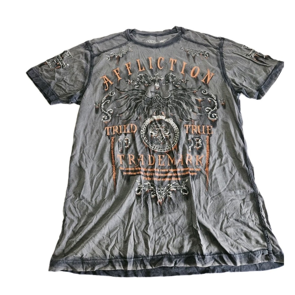 Affliction Gray Tried‎ True Trademark Drip 2 Sided Tshirt Size XL Vintage